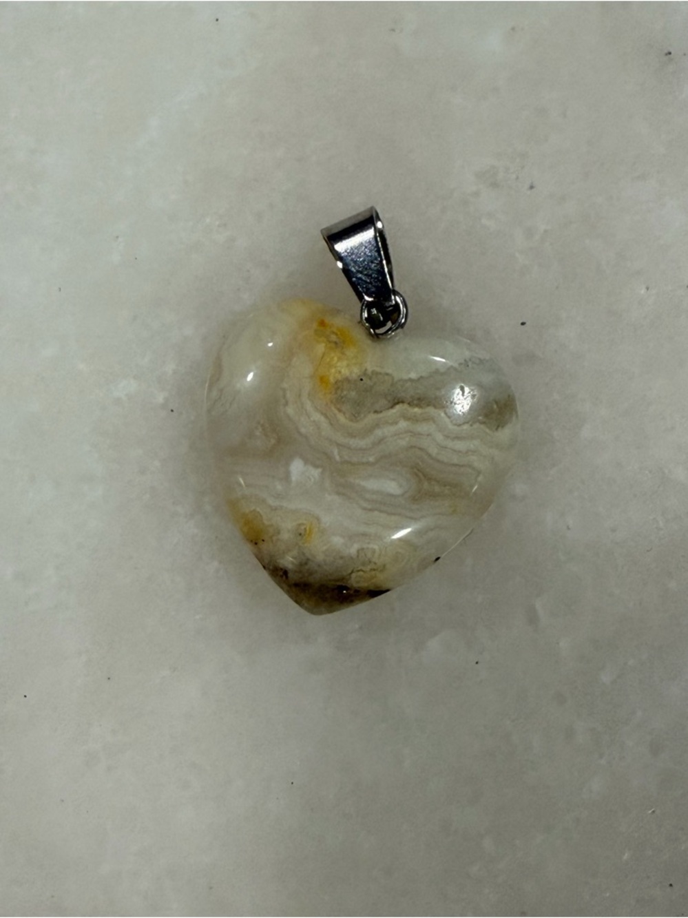 Hand Crafted Heart Lace Agate Pendant in Cream, Tan and Yellow Accents